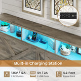 DICTAC Farmhouse Bed Frame Queen Size with Storage Headboard, Charging Station and Ottoman Rustic Queen Platform Bed Frame with Led Lights,Metal Slats Support,No Box Spring Needed,Oak Gray DICTAC