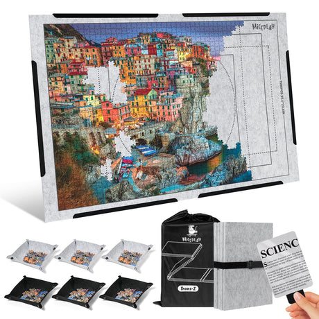 MICEPLAY Jigsaw Puzzle Board with 6 Sorting Trays, Foldable Puzzle Mat with Auxiliary Lines for Puzzle Storage Saver, 39" x 26" Portable Puzzle Felt Board with Storage Bag, for Up to 1500 Pieces MICEPLAY