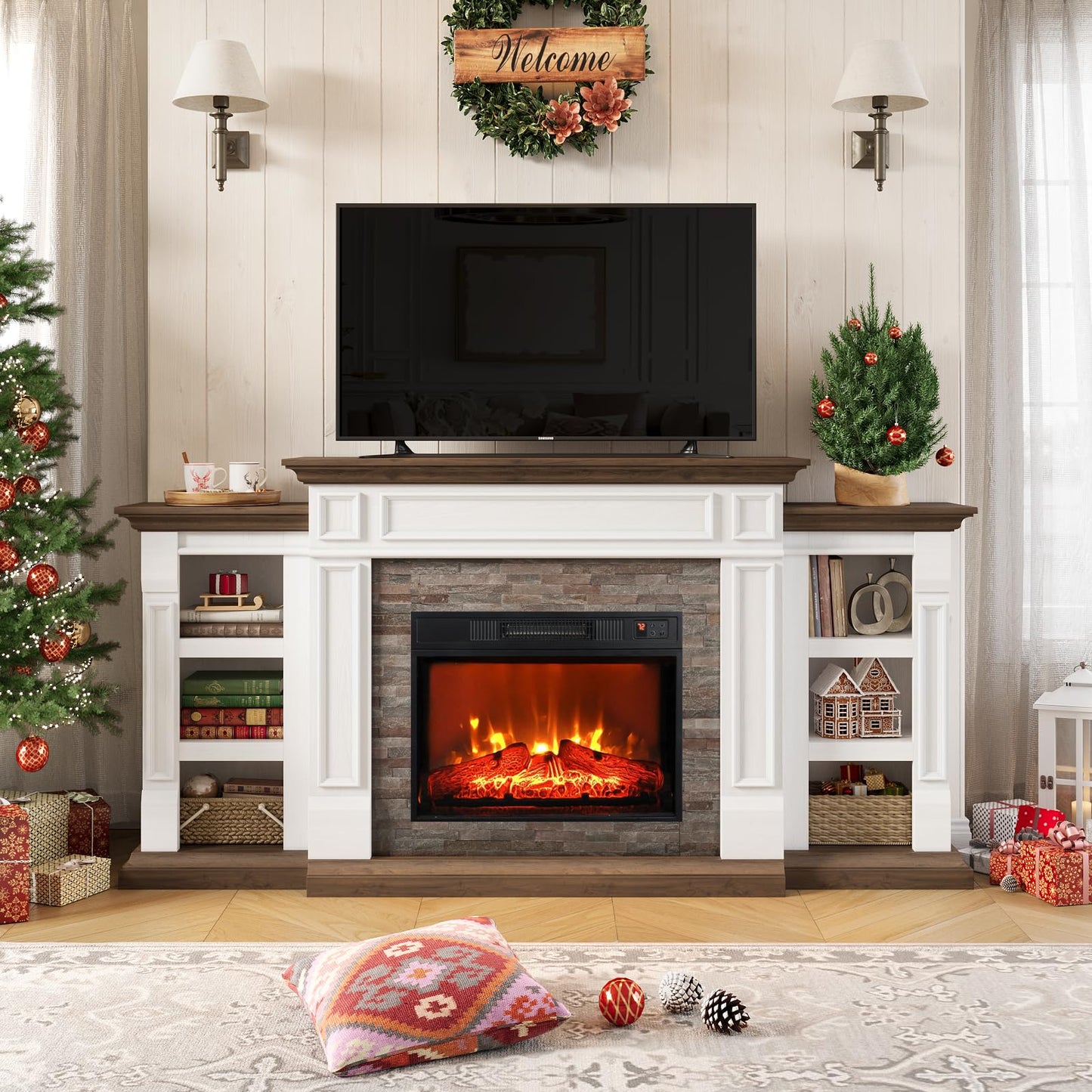 70" Electric Fireplace with Mantel, Fireplace TV Stand for TVs Up to 80 Inch, Farmhouse Entertainment Center with Storage, Realistic Stacked Stone Surround with Remote Control for Living Room,Bedroom