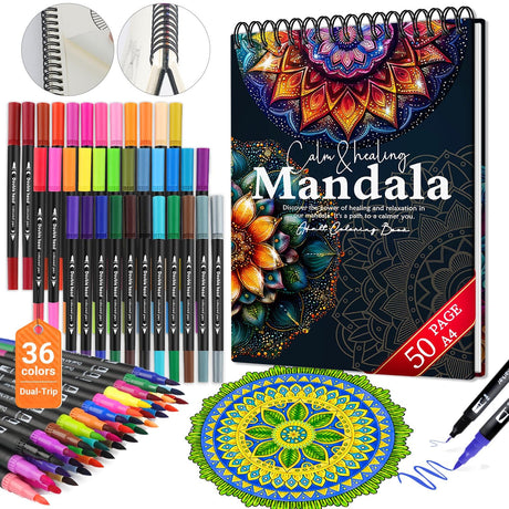 Mandala Coloring Book for Women Relaxation, 50 Patterns Spiral Bound Mindfulness Coloring Books for Adult with 36 Dual-tip Markers, Inspirational Gift for Women, Hardcover Adult Coloring Books Set apolyone