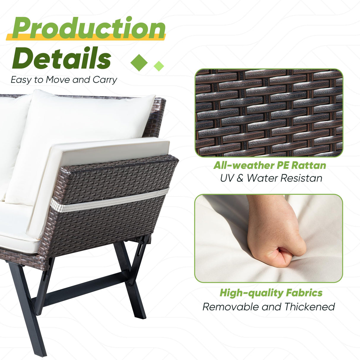 Greesum Outdoor Sofa, Woven Rattan Patio Furniture, Convertible Daybed or Double Chair with Adjustable Armrests, Cushions and Pillows for Yard, Porch, Pool, Brown Lounger & Beige Pillowcase Greesum