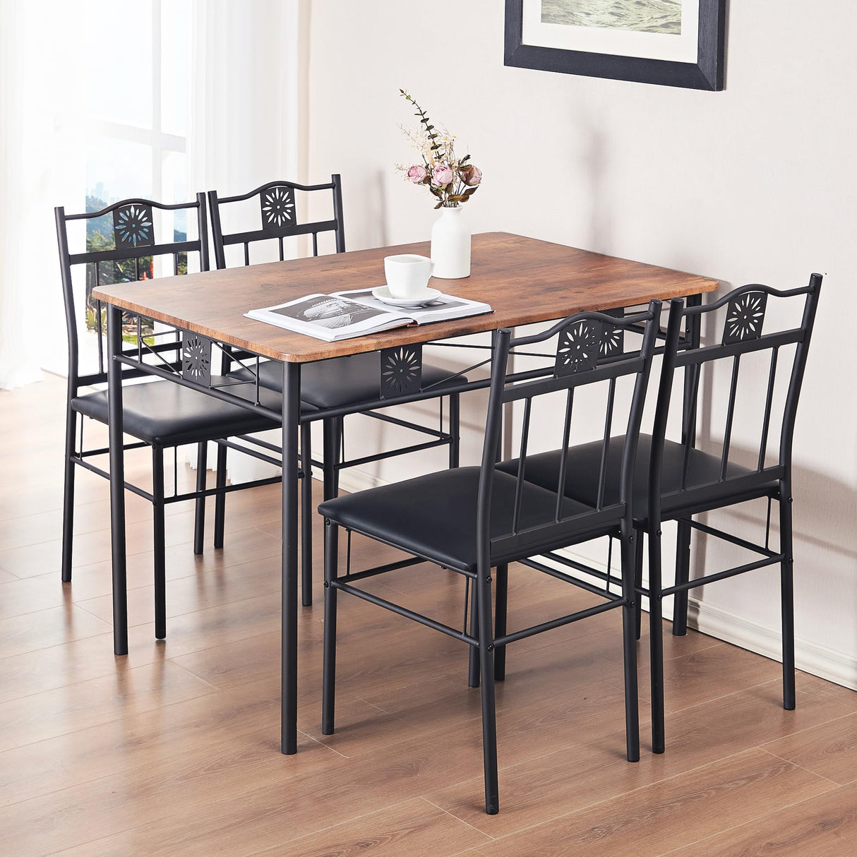 VECELO Kitchen Dining Room Table Sets for 4, 5 Piece Metal and Wood Rectangular Breakfast Nook, Dinette with Chairs, Retro Brown VECELO