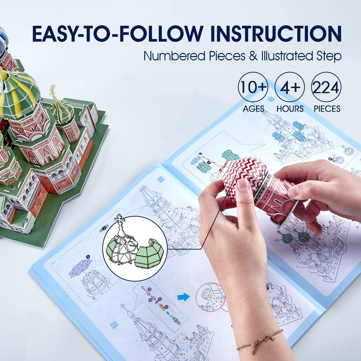 CubicFun LED Russia Cathedral 3D Puzzles for Adults Kids, St.Basil's Cathedral Architecture Building Church Model Kits Toys for Teens, 224 Pieces CubicFun