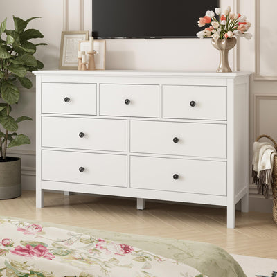 LYNSOM White Dresser for Bedroom, 7 Wide Drawer Deep Dresser with Metal Handles, Wood Dressers & Chests of Drawers for Hallyway, Entryway