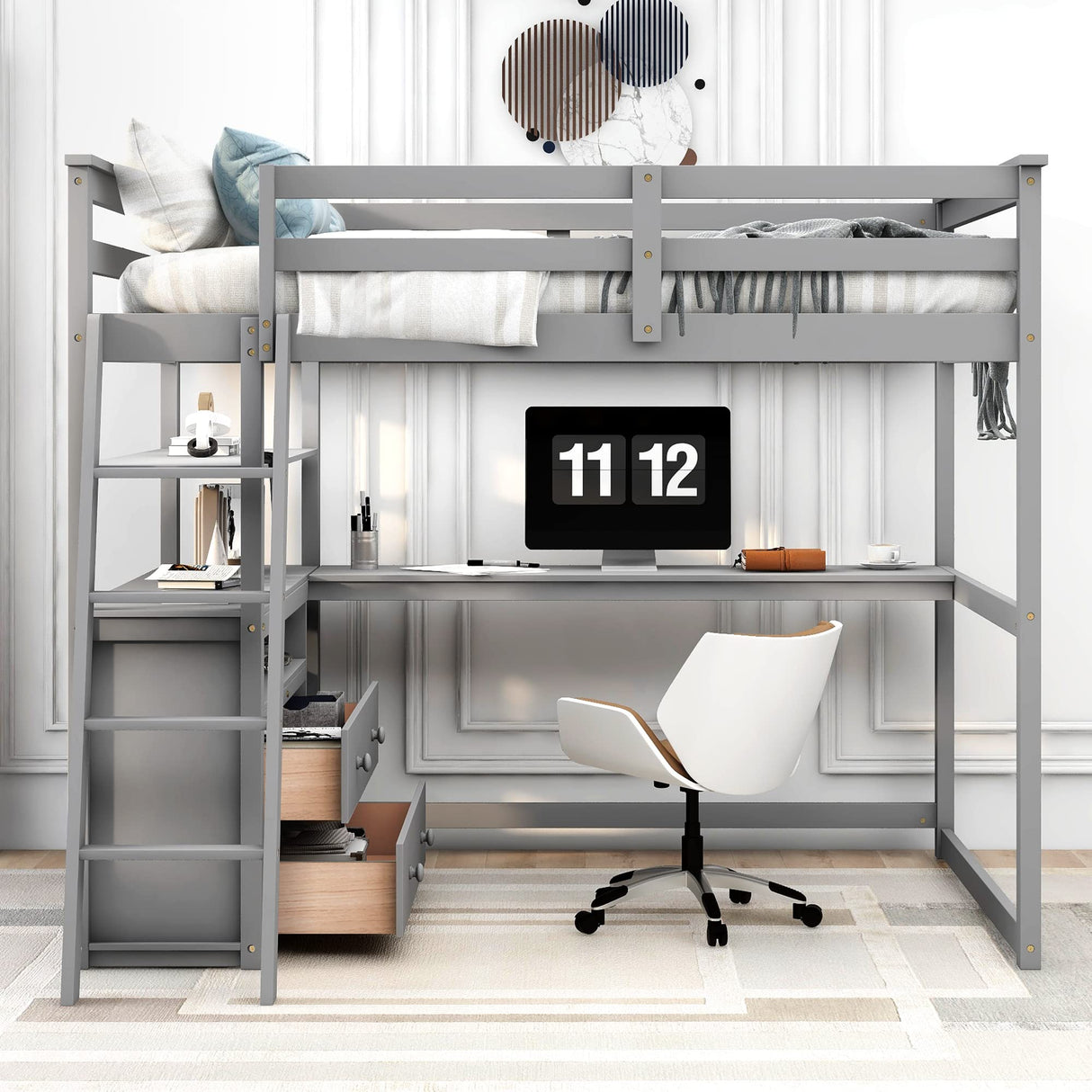 Harper & Bright Designs Grey Full Size Loft Bed with Desk, Storage Drawers, and Shelves Harper & Bright Designs