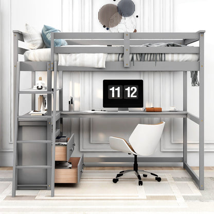 Harper & Bright Designs Grey Full Size Loft Bed with Desk, Storage Drawers, and Shelves - WoodArtSupply