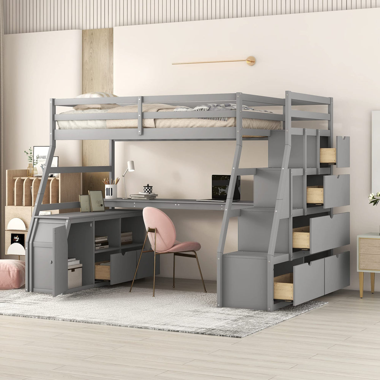 VilroCaz Twin Size Loft Bed with Desk, 7 Drawers, and Staircase - Solid Wood Frame in Gray VilroCaz