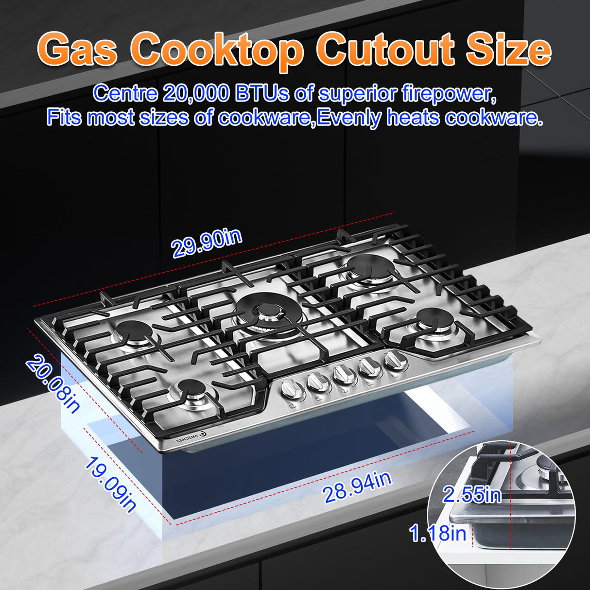 AMZCHEF 30 inch Gas Cooktop with 5 Made in Italy SABAF Power Burners.Max 48,300 BTU/hr Built-in Gas Stove top of 304 Stainless steel,NG/LPG Convertible, ETL. amzchef