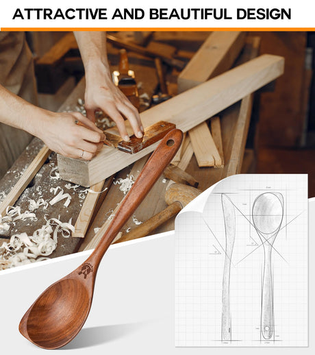 Wooden Spoons for Cooking, Natural Premium Teak Wood Corner Spoon, Good Grip Large Wooden Spoons and Wooden Spatula, Heat Resistant Wooden Cooking Utensils for Nonstick Cookware Cooking Gifts ICSTI