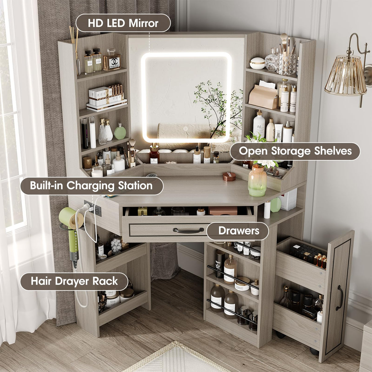 Makeup Vanity Desk, Corner Vanity Desk with HD LED Mirror, Lots Storage Shelves, 2 Drawers & Cabinets, Vanity with Charging Station, 3 Lighting Modes with Adjustable Brightness Maupvit