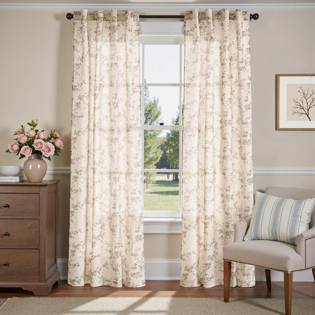 jinchan Linen Floral Curtains 84 Inch Farmhouse Country Flower Drapes Rustic Window Curtains Light Filtering for Living Room Bedroom Laundry Back Tab 2 Panels Taupe on Beige jinchan
