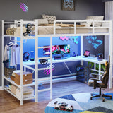 Itaar Twin Loft Bed with L-Shaped Desk, LED Lights and Charging Sation, Loft Bed Twin Size with 3-Tier Storage Shelves and Clothes Rail, Safety Guard & Ladder, No Box Spring Needed, White Itaar