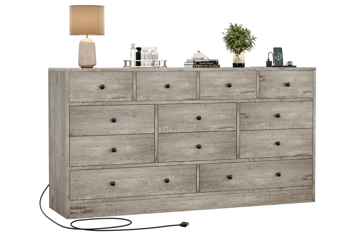 GarveeHome 12 Drawer Dresser for Bedroom, 61 Inch Wood Dresser with Power Outlet, Wide Chest of Drawers for Living Room, Hallway, Tall Dressers with Smooth Metal Rail, Large Storage, Antique Oak Garveehome