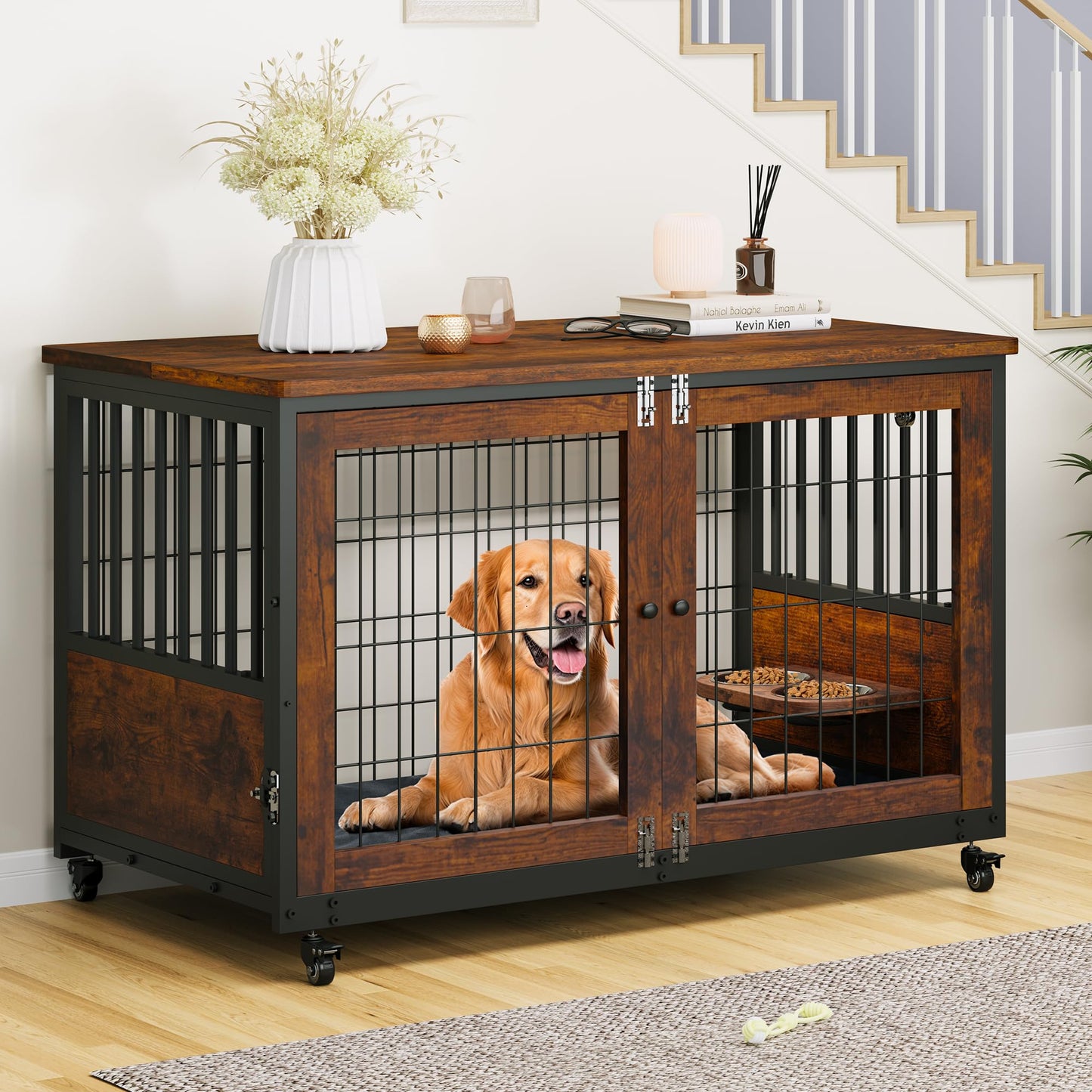 YITAHOME Dog Crate Furniture with Feeder Bowls, 43.3" Dog Kennel End Table with Wheels and Flip Top, Heavy Duty Dog Kennel for Small/Medium Dogs, Brown