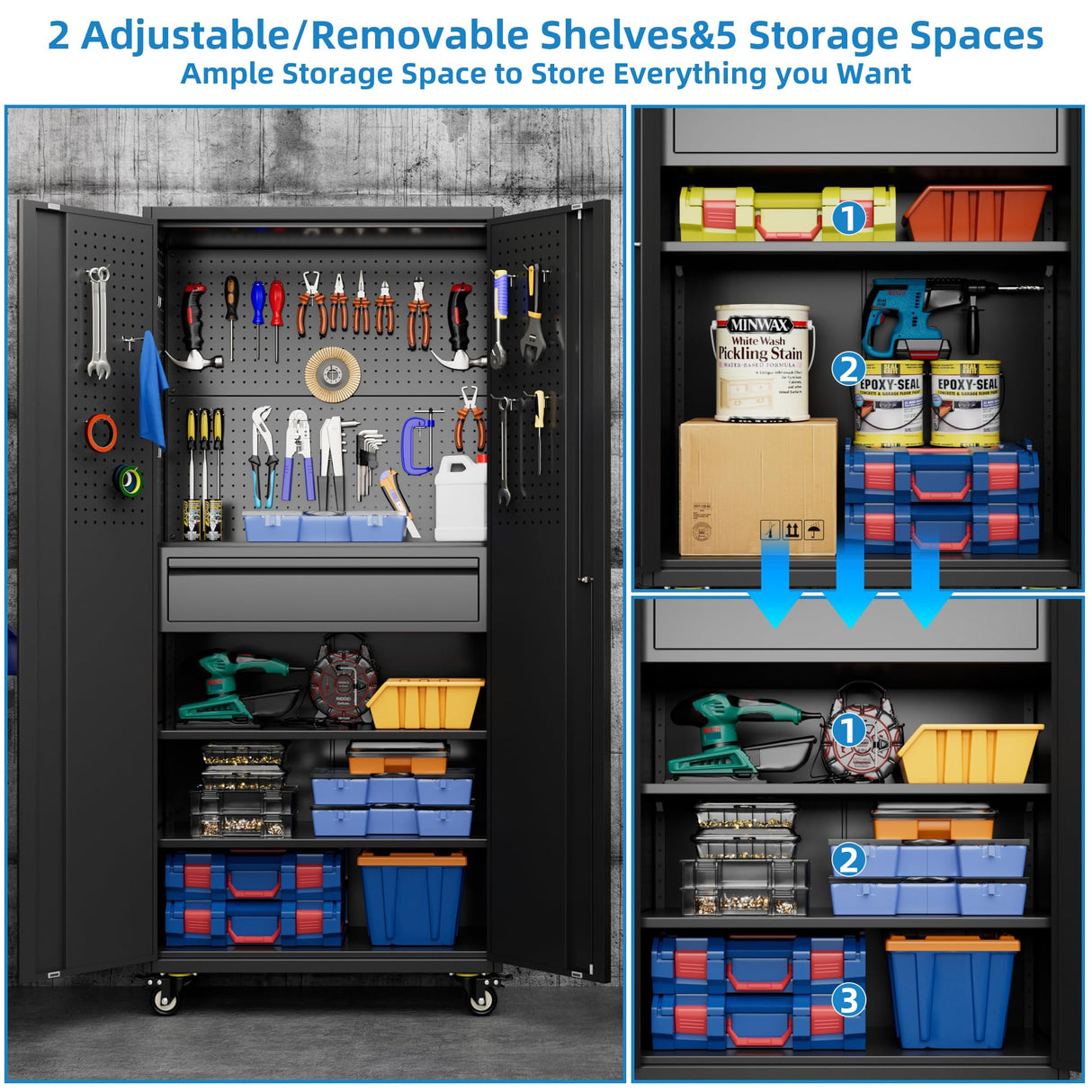 Reemoon 71" H*15" D*30" W Garage Storage Cabinet with Wheels and Doors,Lockable Metal Storage Cabinet with Pegboard Hooks and Drawer for Garage Warehouse Home,Required Assembly,Black Reemoon