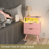 JOONEE Pink Nightstand with Charging Station and LED Lights,Modern Bedside Table with 2 Storage Drawer and Open Wood Shelf, for Bedroom and Small Spaces,Night Stand with Solid Wood Legs,Pink JOONEE