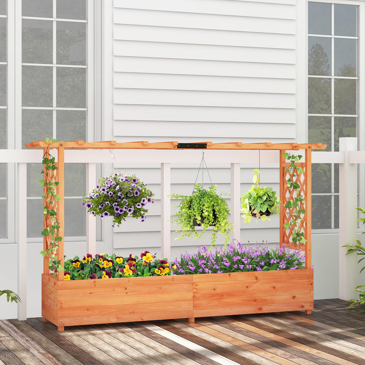 HAPPYGRILL Raised Garden Bed with Trellis, Wood Elevated Garden Bed with Hanging Roof, Planter Box, Drainage Holes for Climbing Plants, Flowers, Vegetables, Outdoor Planting Bed for Garden Patio Yard HAPPYGRILL