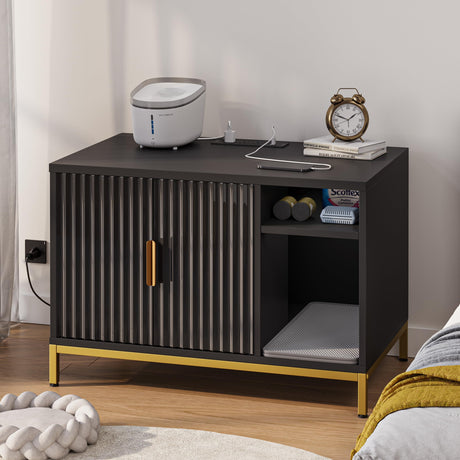 Bestier Cat Litter Box Enclosure, Glossy Fluted Hidden Litter Box Cabinet with Power Outlets, Cat Washroom Furniture with Double Layer Litter Mat, Black and Gold Bestier