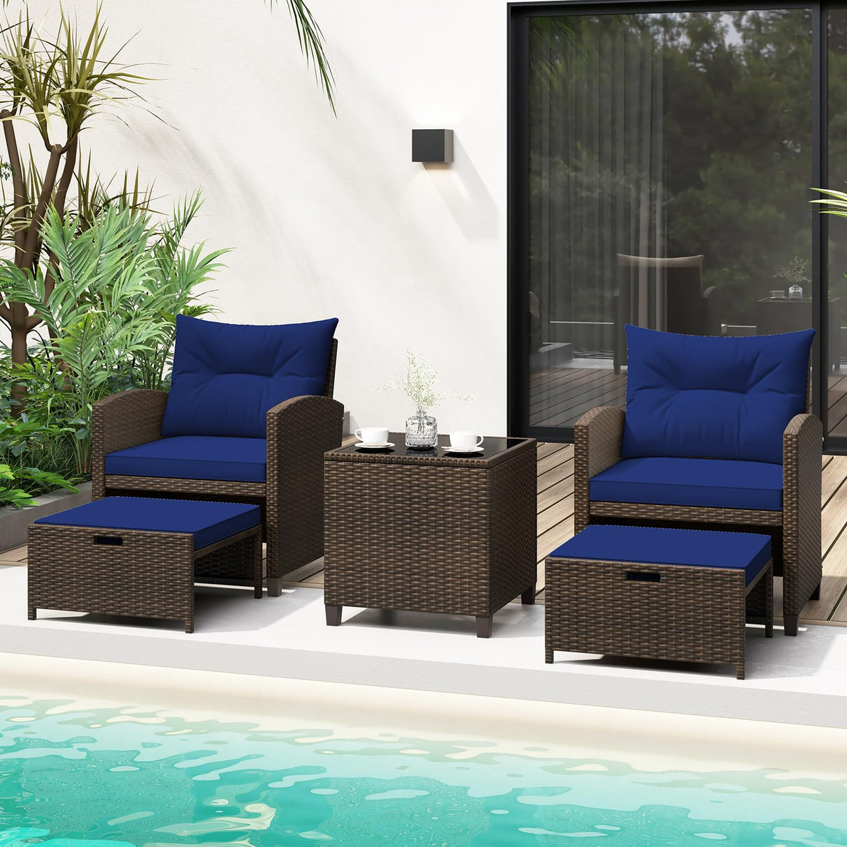 Tangkula 5 Piece Patio Rattan Furniture, Wicker Cushioned Chairs Set w/ 2 Ottomans & Tempered Glass Coffee Table, for Poolside, Backyard, Lawn, Deck (Mix Brown+Navy) Tangkula