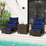 Tangkula 5 Piece Patio Rattan Furniture, Wicker Cushioned Chairs Set w/ 2 Ottomans & Tempered Glass Coffee Table, for Poolside, Backyard, Lawn, Deck (Mix Brown+Navy) Tangkula