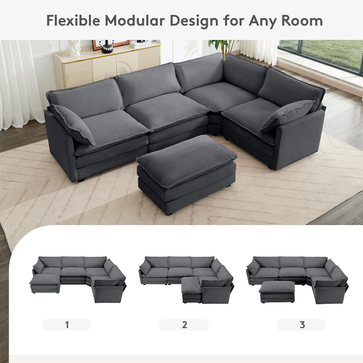 ROWHY 113'' Modular Sectional Cloud Couch, 5 Seater Corner Sofa Big Comfy Corduroy Oversized L Shaped Couch with 2 Pillows, Ottoman, Deep Seat Sectional Couches for Living Room Office, Dark Grey ROWHY