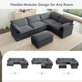 ROWHY 113'' Modular Sectional Cloud Couch, 5 Seater Corner Sofa Big Comfy Corduroy Oversized L Shaped Couch with 2 Pillows, Ottoman, Deep Seat Sectional Couches for Living Room Office, Dark Grey ROWHY