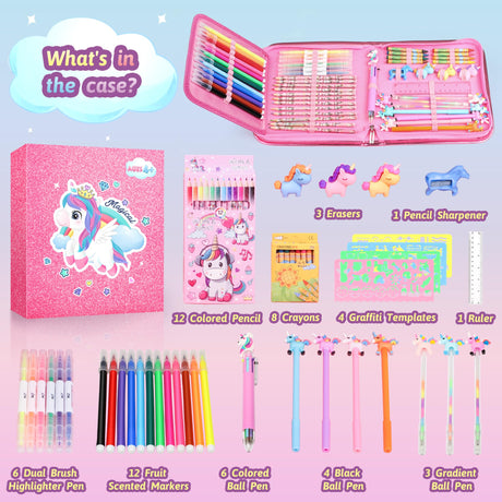 beefunni Unicorn Fruit Scented Markers Set 56 Pcs, Art Supplies for Kids 4-6-8, Arts and Crafts Coloring Set, Markers Pencil Crayon&Gel Pen Drawing Kits - Birthday Gifts for Girls 4 5 6 7 8 Year Old beefunni