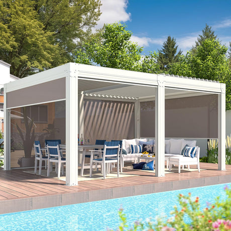 YOLENY Louvered Pergola and 6 Pull-Down Screens, 12x16FT All Aluminum Pergola with Adjustable Rainproof Roof, Outdoor Sun Shade Shelter for Patio, Weatherproof, White YOLENY