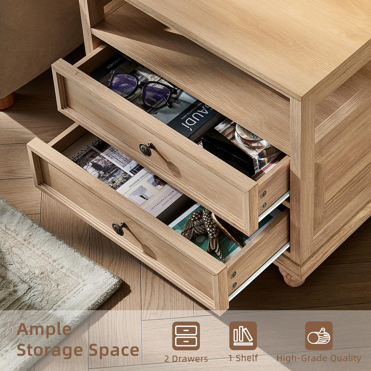 Joaxswe Farmhouse Nightstand with Charging Station, 24" Wide End Table with 2 Drawers, Natural Dresser for Bedroom, Bed Side Table Chest of Drawers Cabinet,Wood Night Stand for Living Room, Closet Joaxswe