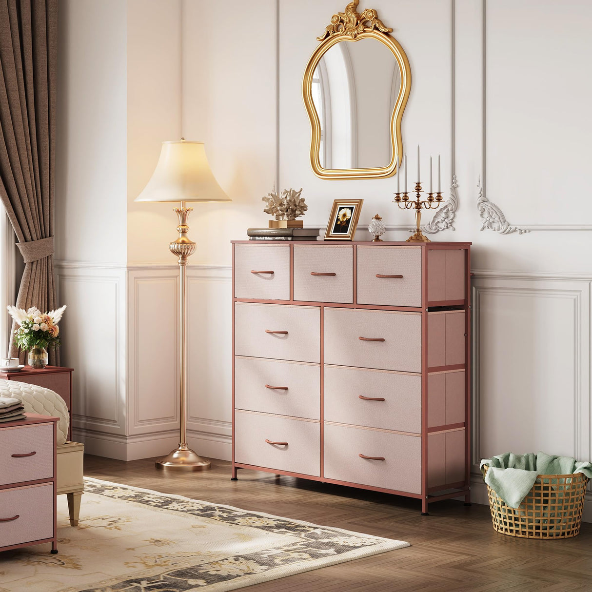 WLIVE 9-Drawer Dresser, Fabric Storage Tower for Bedroom, Hallway, Entryway, Closet, Tall Chest Organizer Unit with Fabric Bins, Steel Frame, Wood Top, Easy Pull Handle, Pink WLIVE
