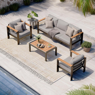 Oasbira Aluminum Outdoor Patio Furniture Set with Coffee Table, 4 Piece Patio Conversation Sets with Washable Thick Cushions, Patio Sectional Furniture Set for Porch, Balcony, Deck, Gray