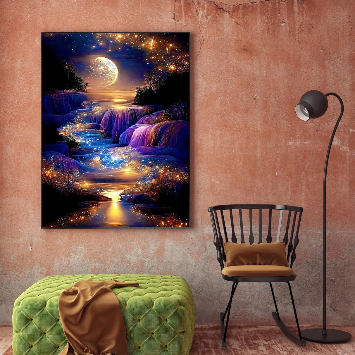 KINPLUB 5D Diamond Painting Kits for Adults, Moon Waterfall Diamond Art Kits for Beginners, DIY Full Round Drill Moonlight Landscape Paint with Diamond Dots, Home Wall Decor 12 x 16 Inch KINPLUB