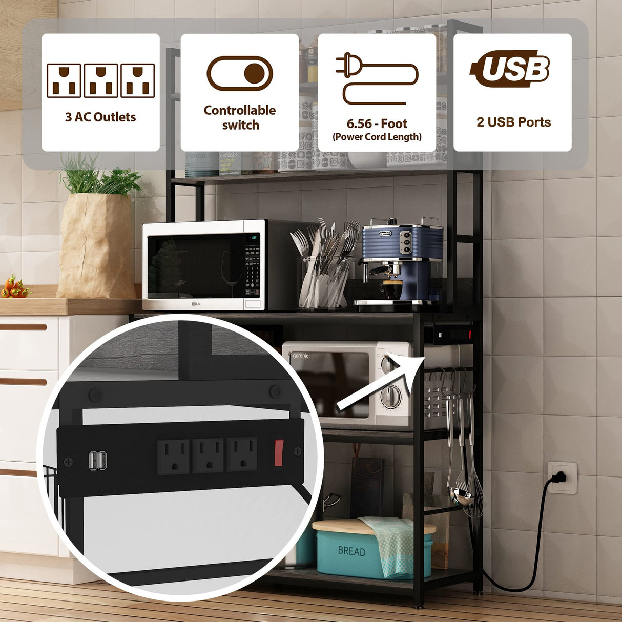 Chnnmbrn Kitchen Bakers Rack with Baskets and Power Outlet,5-Tier Kitchen Utility Storage Shelf with Hooks, Microwave Oven Stand Rack,Vintage Grey Free Standing Kitchen Shelf Chnnmbrn