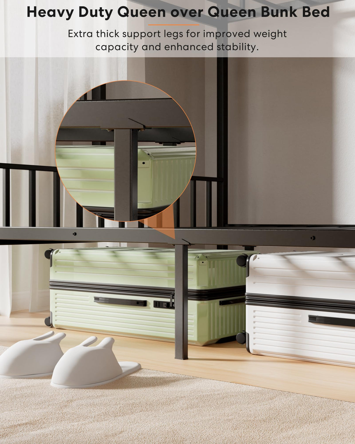 Feetice Queen Over Queen Bunk Bed, Heavy Duty Metal Bunk Bed with PVC Anti-Slip Ladder & Full-Length Guardrails, Noise-Free Bunk Bed Frame for Adults, Teens, Black Feetice