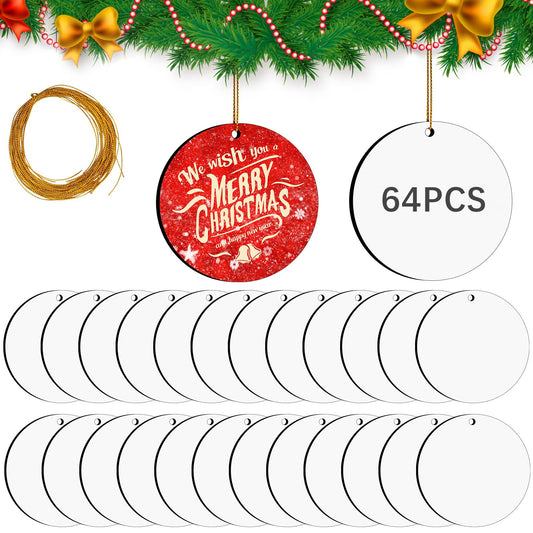 64 Pcs Round Sublimation Ornament Blanks, MDF Double Sided Sublimation Christmas Ornaments Blanks for Christmas Tree Decorations Blank Ornaments Decor, Sublimation Blanks Ornaments DIY Crafts