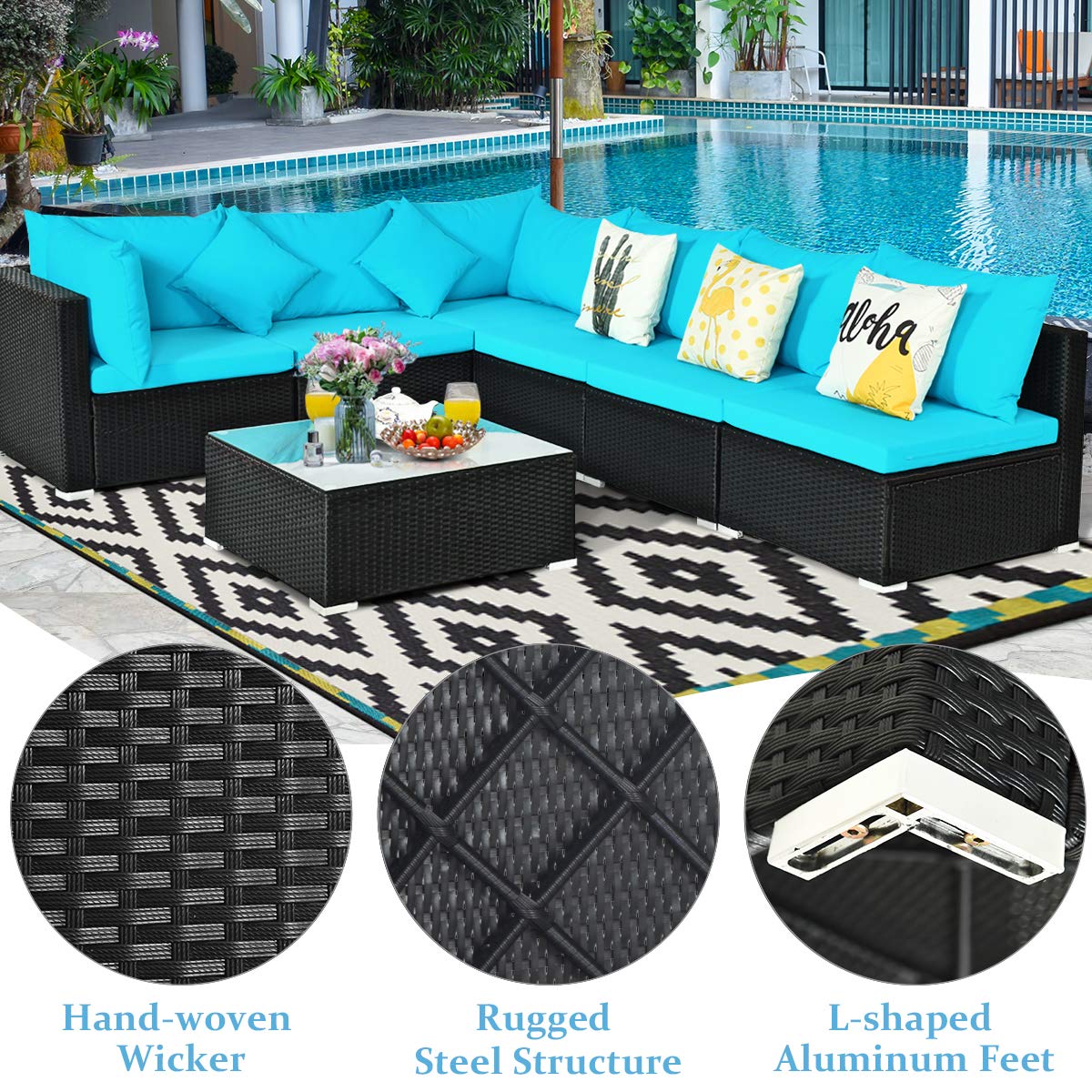 COSTWAY 7 Pieces Patio Furniture Set, Outdoor Rattan Conversation Set with 6 Seats, Coffee Tea Table, Soft Cushions, Wicker Patio Sectional Sofa for Garden Balcony Porch Poolside, Turquoise - WoodArtSupply