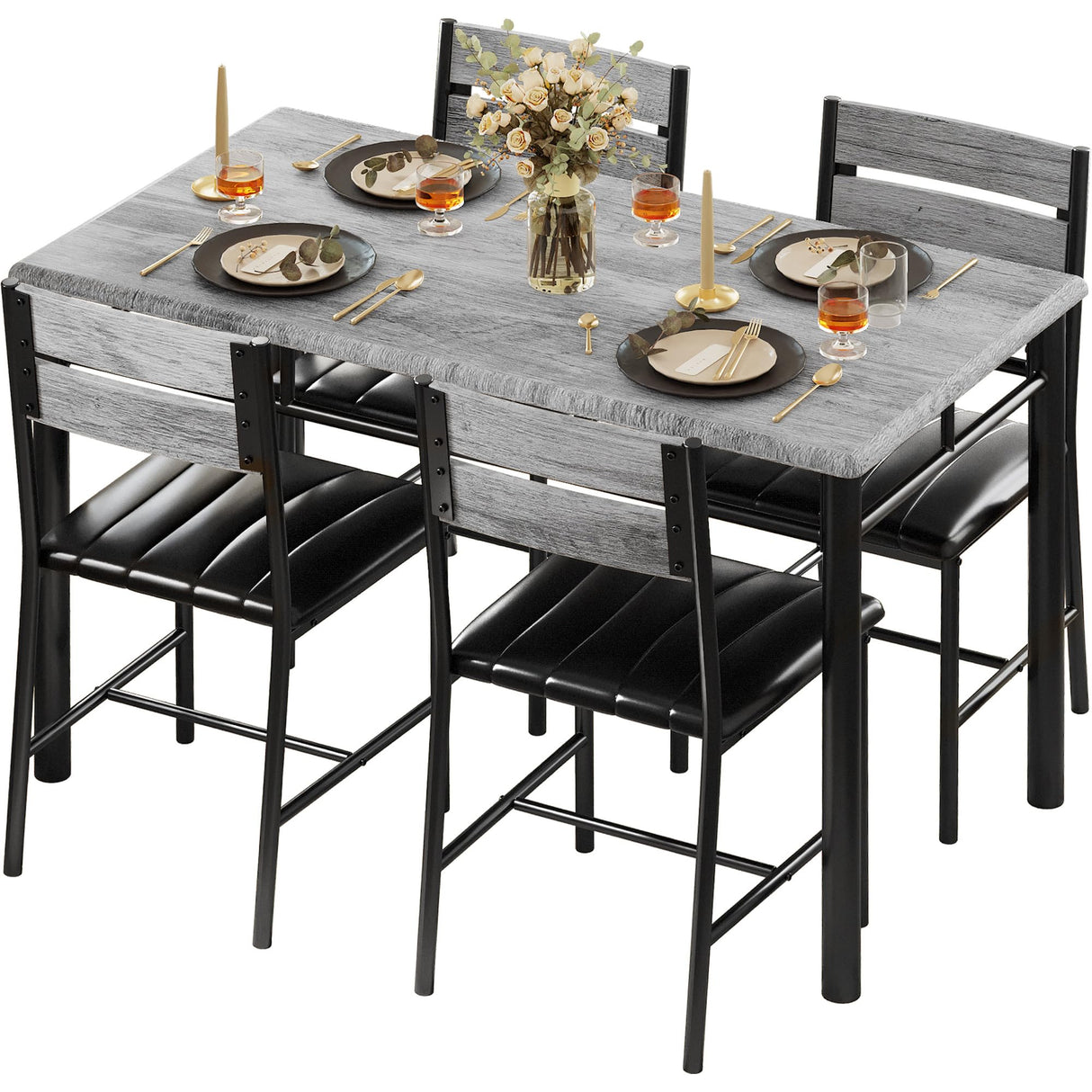 IRONCK Dining Table Set for 4, Wood Kitchen Table with Upholstered Chairs for Kitchen Room and Small Spaces, Grey IRONCK