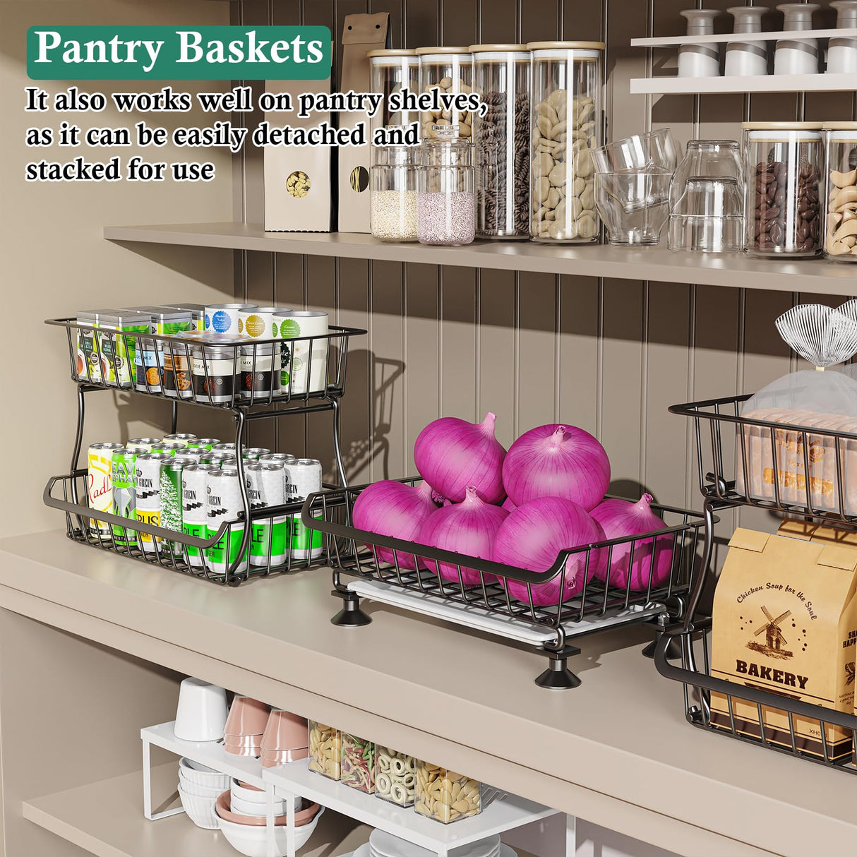OKZEST 3-Tier Rolling Pantry Floor Organizers and Storage Cart with Wheels, Stackable Wire Pantry Baskets for Pantry Shelves, Kitchen Fruit Basket Stand and Storage Rack for Fruit Snack Onion Potato OKZEST