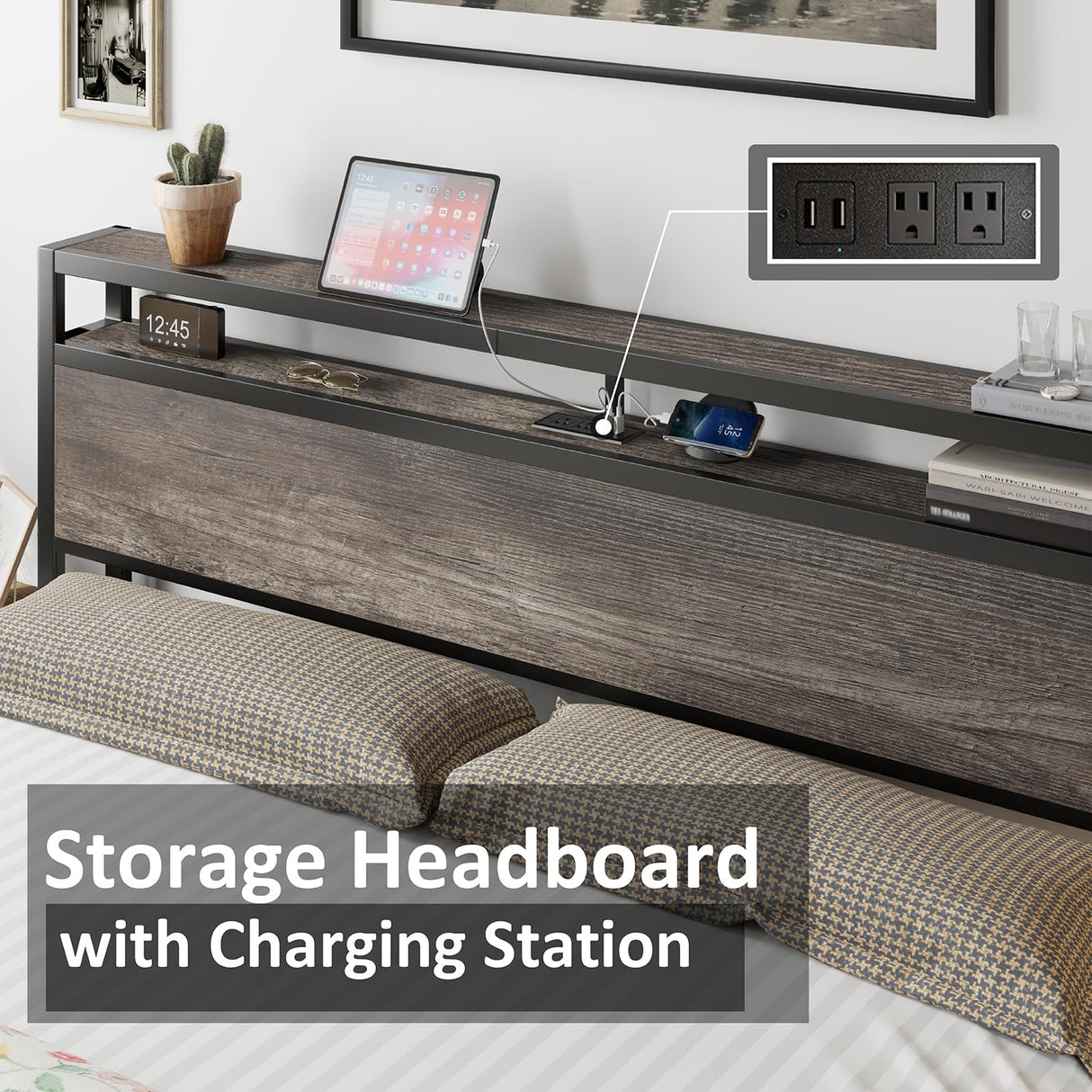 AMERLIFE King Size Industrial Platform Bed with Charging Station and 2-Tier Storage Headboard in Rustic Grey AMERLIFE