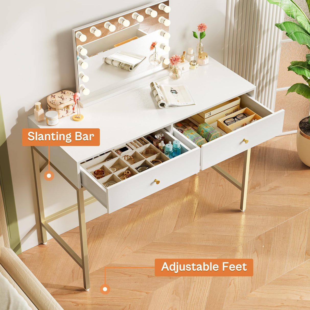 SUPERJARE 39.4" White and Gold Desk with 2 Drawers, Modern Makeup Vanity Desk, Small Computer Desk Home Office Desk for Writing Study Bedroom SUPERJARE