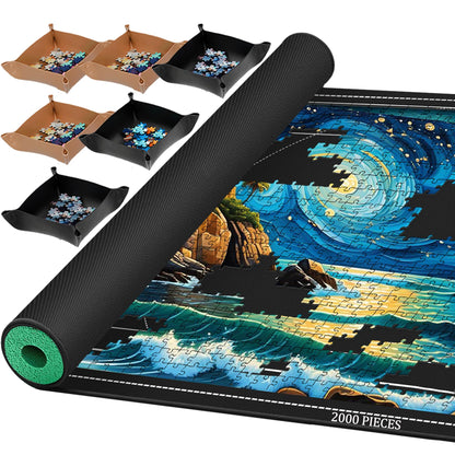 Pohxev Jigsaw Puzzle Mat Roll Up, Portable Saver Pad 48” x 30.7” Up to 2000 Pieces, Puzzle Matt Rollup with Non-Slip Rubber Bottom & Smooth Top. (6 Puzzle Sorting Trays & 1 Storage Bag)