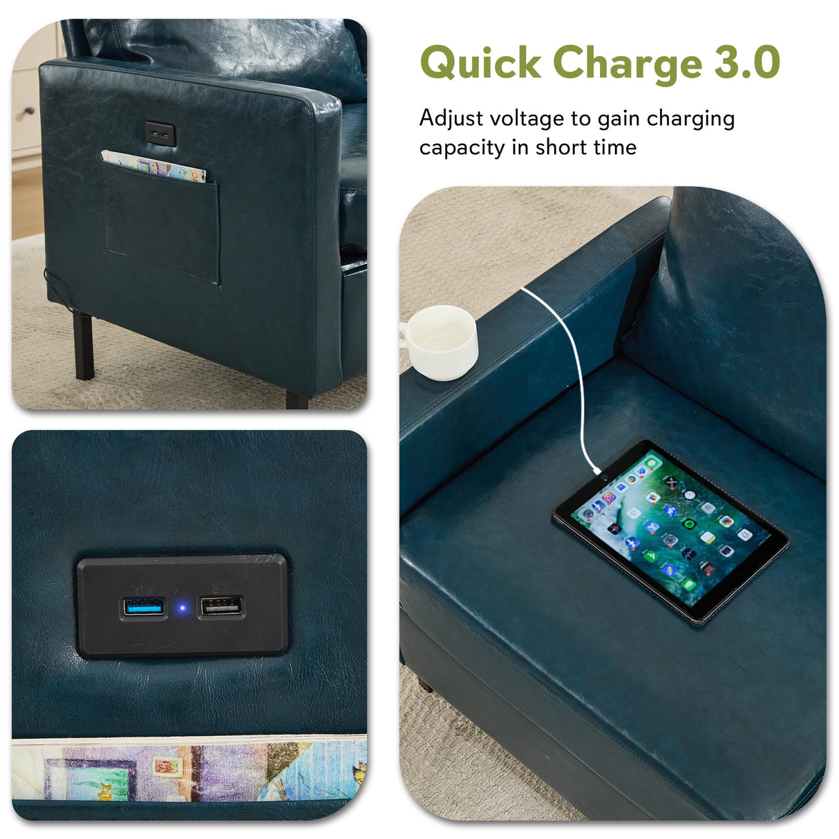 STHOUYN 57" W Faux Leather Loveseat w/ 2 USB, Small Loveseat Sofa w/Side Pockets, Wooden Frame Small Couch w/Metal Legs, Office Mini Couch for Dorm, Bedroom, Apartment (Blue, 2 Seater) STHOUYN