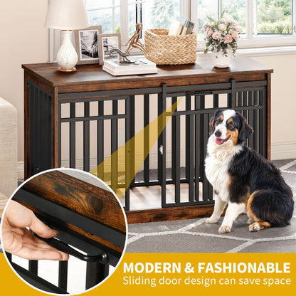 DWVO 47" Large Dog Crate Furniture, Heavy Duty Metal Dog Kennel TV Stand with Sliding Doors, Wooden Dog Cage Table with Dog Bowl for Extra Large Medium Dogs or 2 Small Dogs, Rustic Brown