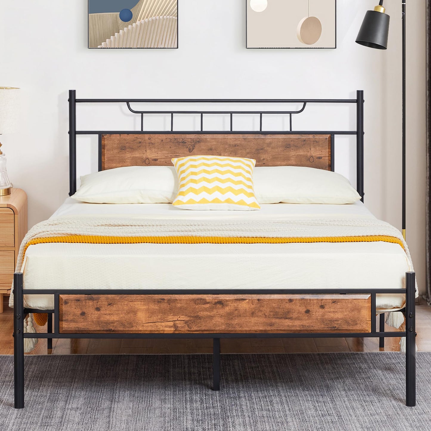 VECELO Rustic Industrial Queen Platform Bed Frame with Wood Headboard - No Box Spring Needed, Brown - WoodArtSupply