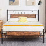 VECELO Rustic Industrial Queen Platform Bed Frame with Wood Headboard - No Box Spring Needed, Brown VECELO