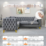Velvet L Shaped Sofa Couch, Upholstered Sectional Couch with Tufted Back and Rivet Decoration, Modern 5 Seater Corner Sofa with Golden Tapered Legs and 3 Pillows, Comfy Couches for Living Room, Gray KINFFICT