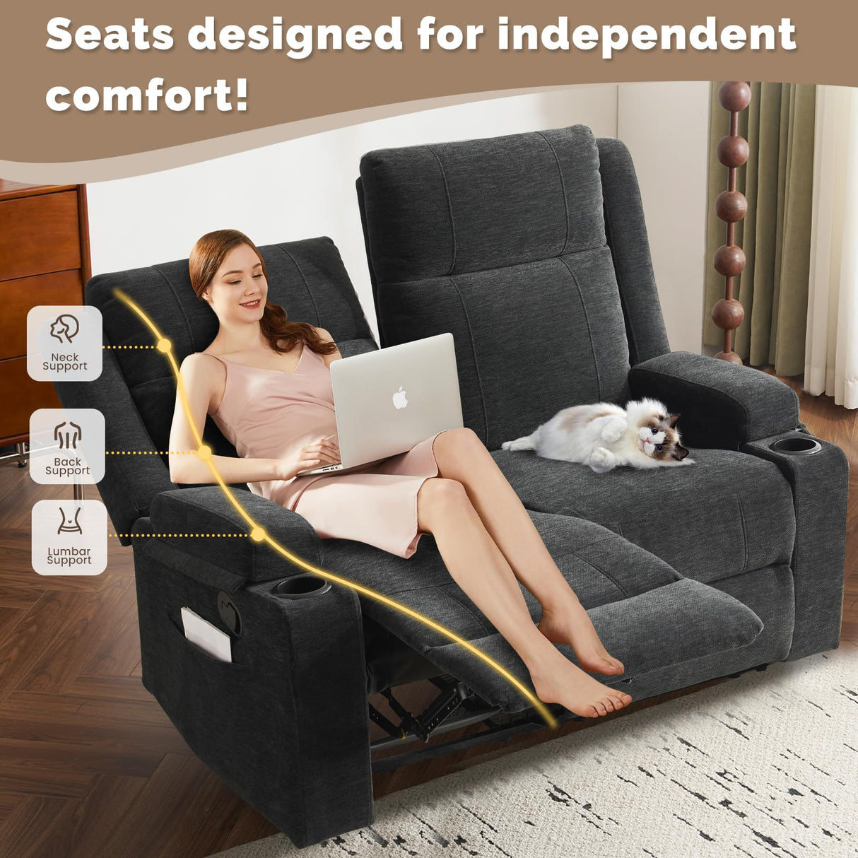 PALLOME Manual Reclining Loveseat Sofa, 2-Seater Recliner Couch with Cup Holders, Fabric Reclining Sofa for Living Room/RV (Black) PALLOME