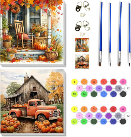 VIGEGU 2 Pack Fall Paint by Numbers Kit for Adults with Framed,Thanksgiving Paint by Number DIY Adult Paint by Number Kits for Wall Decor 10x10in VIGEGU