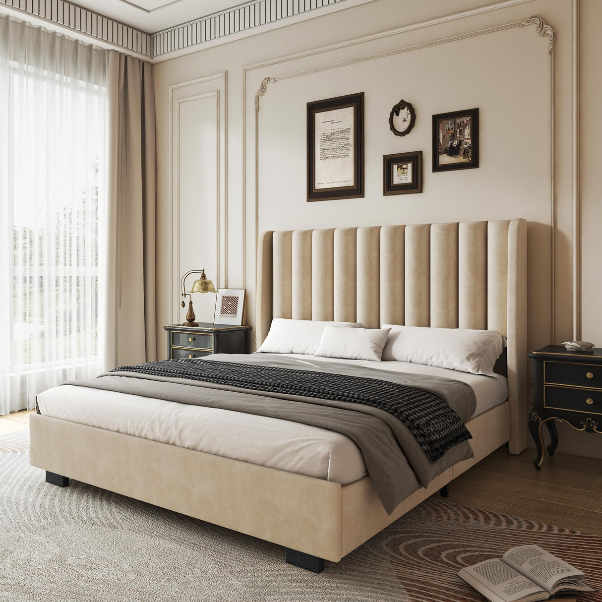 King Size Upholstered Lift Up Storage Bed Frame with 51.2" Tall Headboard, Velvet Wingback Tufted Design, Wood Slats Support, No Box Spring Required, Noise-Free Double Low Bed Frame (King,Beige) knoworld
