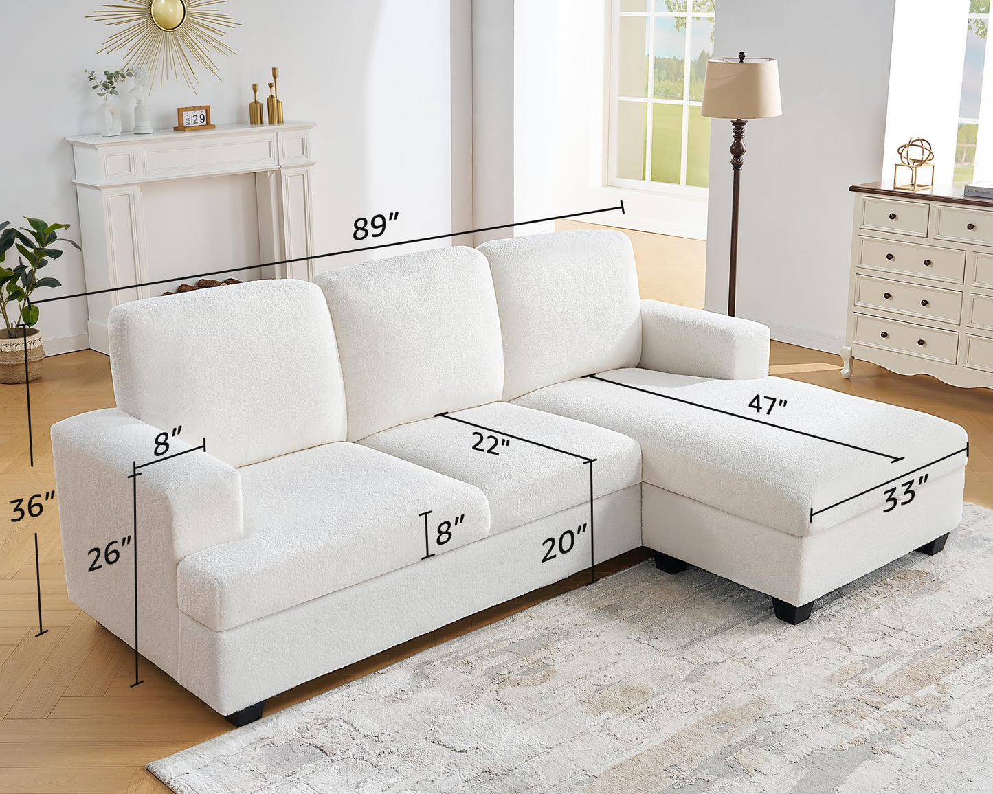 VanAcc 89 Inch Reversible L Shape Sofa, Convertible Sofa with Storage, L Shape Couch with Chaise, Comfy Couches for Living Room, White Bouclé